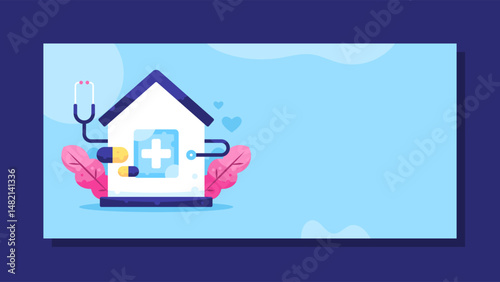 home care banner concept. health care and medical check-up at home. illustration of a house with health symbols, capsule medicine and stethoscope. horizontal blue background. flat style