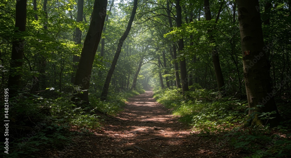 Photo of Sunlit Forest Path with Lush Green Trees Photo of Sunlit Forest Path with Lush Green Trees