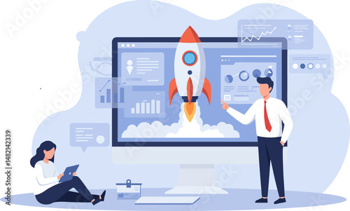 Business team analyzing data for startup launch with rocket and charts concept