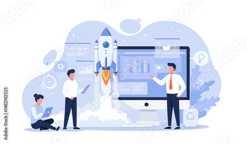 Business team analyzing growth strategy with rocket startup concept for office presentation