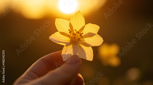 Hand holding a delicate yellow flower against a bright golden sunset background.
