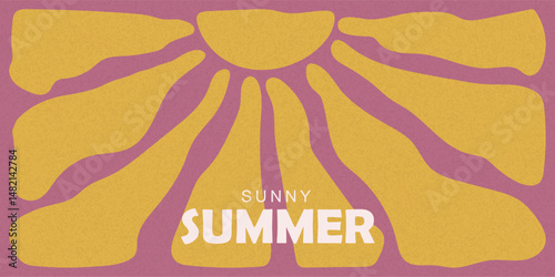 Abstract summer horizontal background with bright color hand drawn retro groovy sun