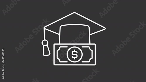 Education budget white line animation. Graduation cost animated icon. Scaling student cap, cash. Money, expenses. Learning, knowledge. Isolated element on dark background. Alpha transparent video