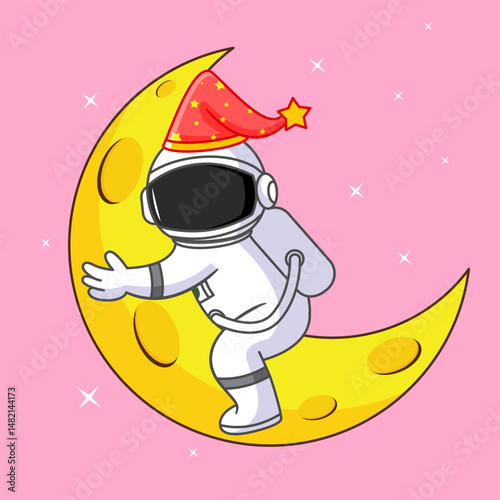Cute Astronaut sleeping on the moon with a nightcap Vector Illustration Cartoon Design