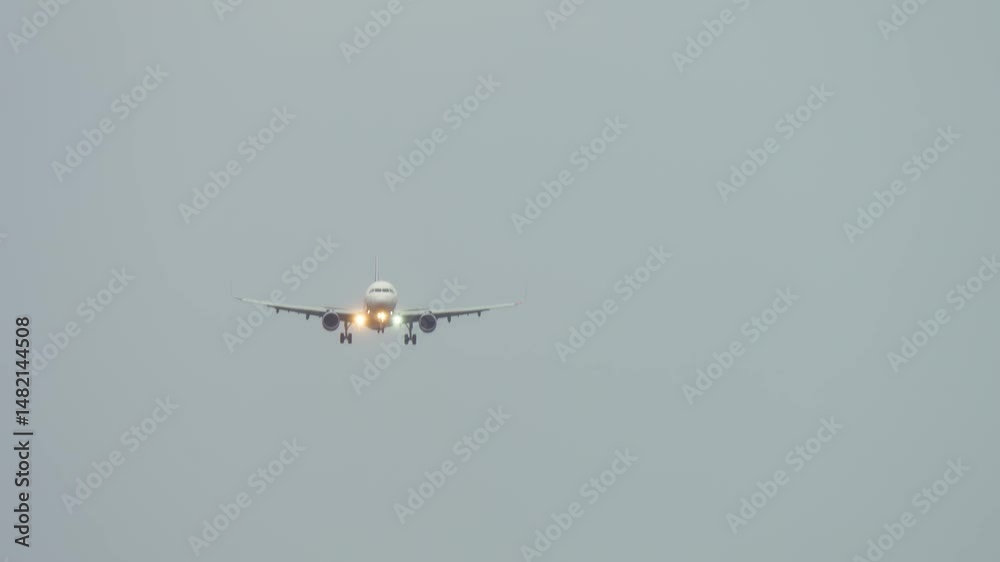 Plane descending in cloudy sky with landing lights shining and birds flying nearby. Birds flying dangerously close to descending aircraft with landing lights on. Winged animals appearing in hazardous Plane descending in cloudy sky with landing lights shining and birds flying nearby. Birds flying dangerously close to descending aircraft with landing lights on. Winged animals appearing in hazardous