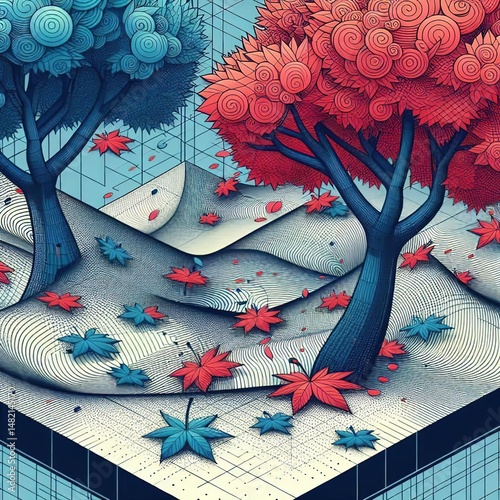 Autumn nature trees environment concept blue and red color illustration decoration ornamental decor