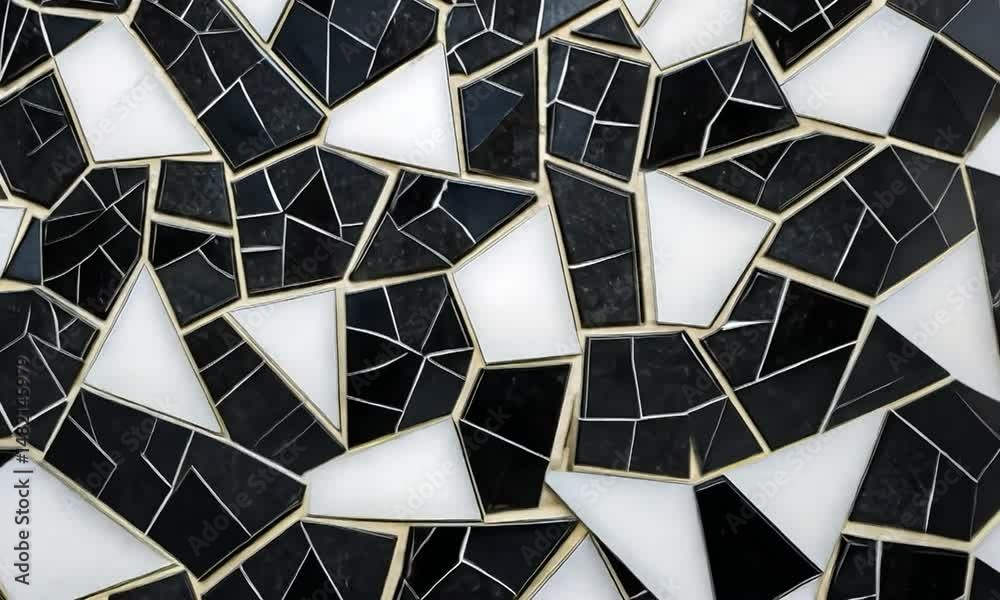 Abstract black and white mosaic tile pattern with irregular shapes and textures