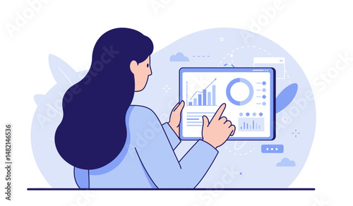 Business analytics concept with woman analyzing data on a tablet for strategic decision making