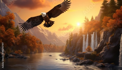 Eagle flying freely above the sky, with a stunning mountain backdrop at sunrise view