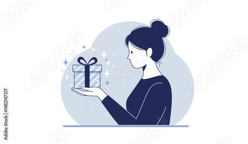 Elegant female silhouette presenting a gift box with sparkles for celebration or special occasion design