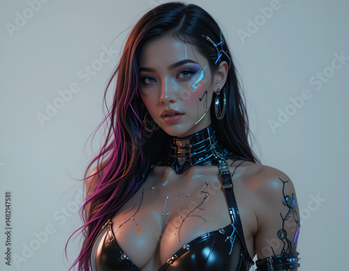 Futuristic Cosplay Model in an LED Lit Studio Setting