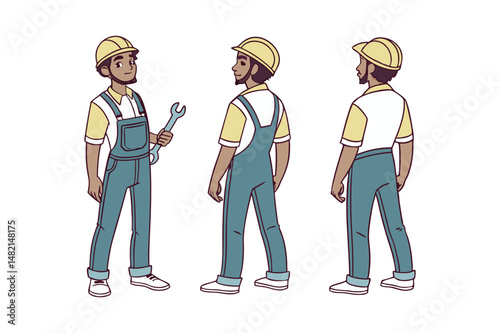 Technician worker wearing helmet, overall uniform, protective goggles, construction worker in a helmet and overalls put on goggles protective glasses on a white background.