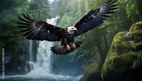 Eagle flying freely above the sky, with a stunning mountain backdrop at sunrise view