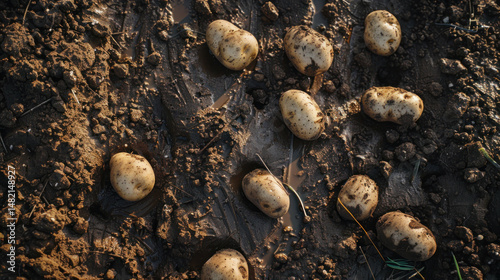 Potatoes unearthed in muddy soil