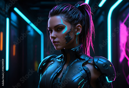 Futuristic Cyber Warrior in Neon-Lit Sci-Fi Corridor