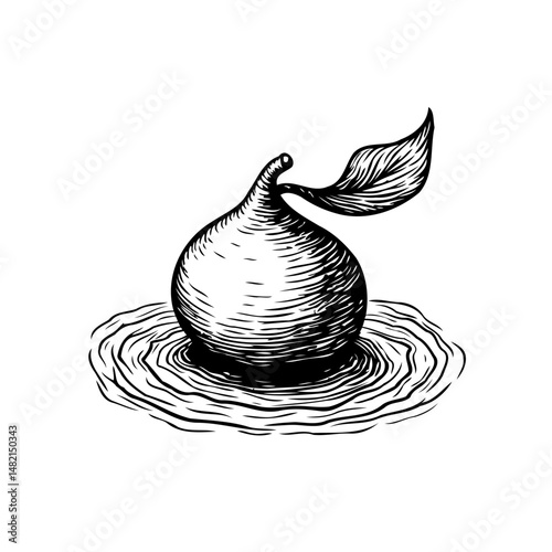 Monochromatic illustration of a sprouting seed in water, an ink drawing
