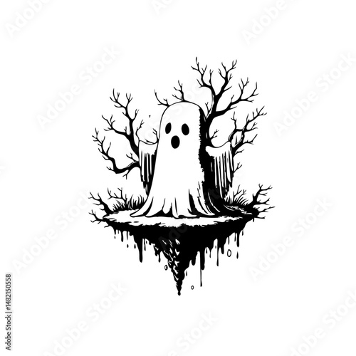 Ethereal spectre amidst barren trees on a spectral island in monochrome illustration