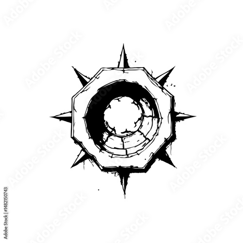 Abstract spiked central form with irregular texture and graphic delineation