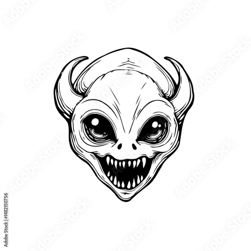 Monochrome depiction showcasing a fantastical horned creature with a sinister grin