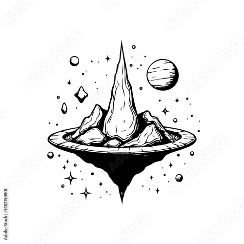 Stylized monochrome vector illustration of floating cosmic mountain landscape
