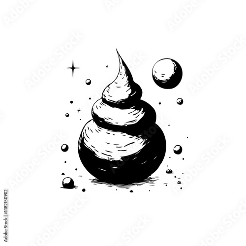 Abstract whimsical swirl with celestial bodies in monochrome minimalist art