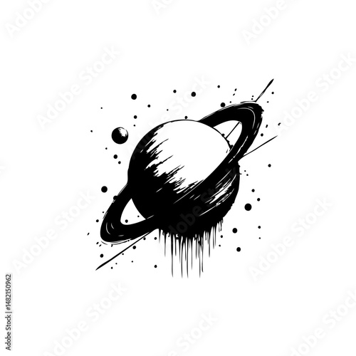 Monochromatic rendering of a ringed celestial body with abstract drips and specks