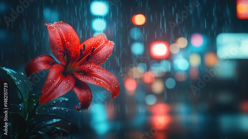 Red lily with water droplets, on a blurry cityscape and rain backdrop. This floral image is perfect for romantic or melancholic designs.