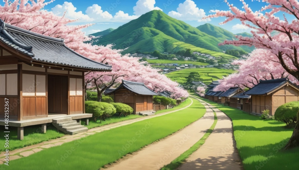 Fototapeta premium Serene Japanese Village Pathway Cherry Blossoms Spring Scenery Asian Architecture Lush Green Rice