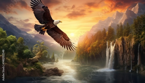 Eagle flying freely above the sky, with a stunning mountain backdrop at sunrise view