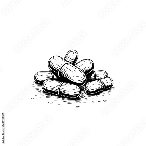 Monochrome illustration of capsule medicine heap, pharmaceutical remedies drawing