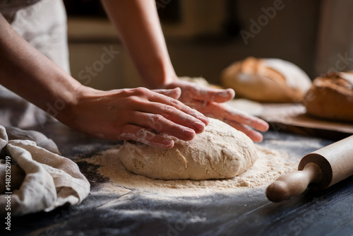 Floury Hands Shaping Dough on Wooden Tabletop