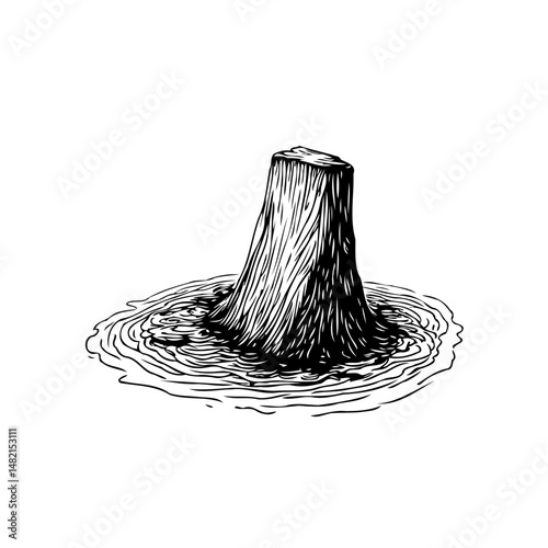 Stylized linework illustration of a tree stump in water, evoking a sense of loss