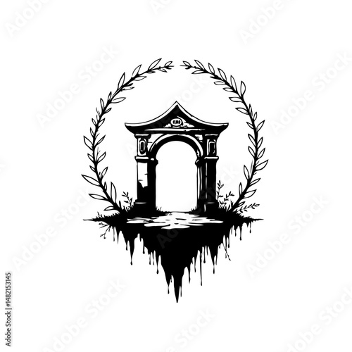 Monochrome archway encircled by foliage, suspended above abstract ink blots