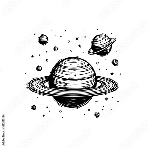 Enchanting black and white cosmic sketch of ringed planets amidst a starfield