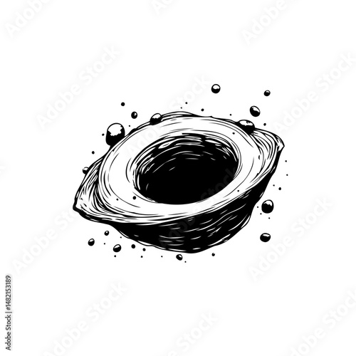 Monochrome illustration of an abstract spherical form with ring-like structure
