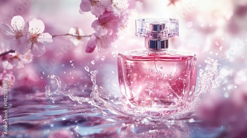 Elegant perfume bottle with pink liquid stands in water near cherry blossoms. Use for cosmetics ads, beauty blogs, or spring themed marketing.