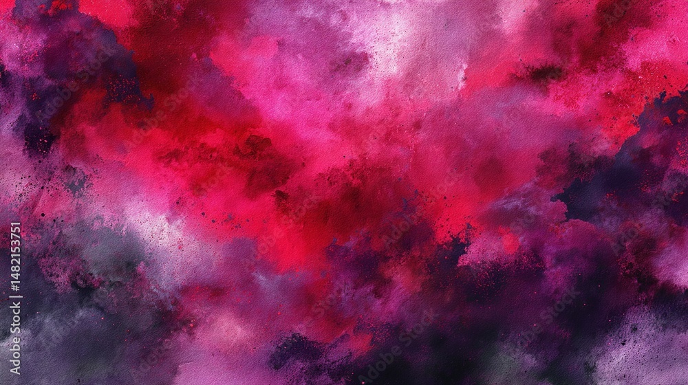 Obraz premium Fantasy-inspired abstract watercolor background blending black, dark purple, burgundy and magenta hues with chaotic grunge daub stains, smoky fog accents and dramatic storm-cloud