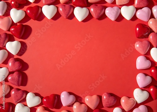 Red Background with Colorful Heart Shaped Candy Frame for Valentines Day