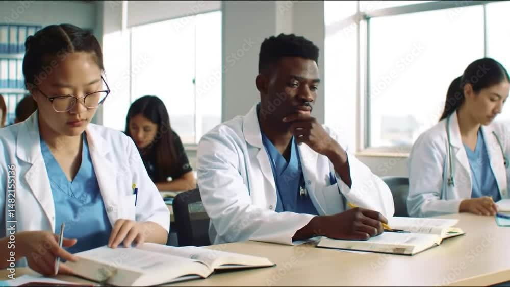 Panning wide shot of a group of medical students in a classroom in a hospital studying for their medical degree