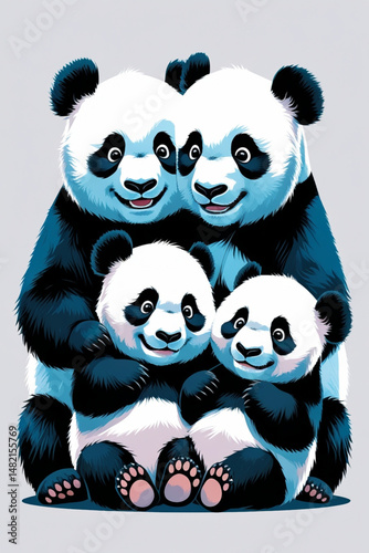 AI Generative. Adorable Panda Bear Family Hug On White Background. 5