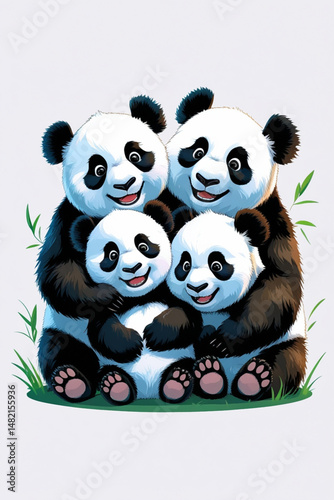 AI Generative. Adorable Panda Bear Family Hug On White Background. 6