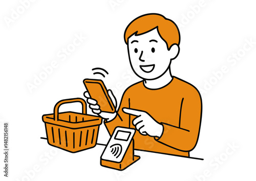 スマホ決済をする若い男性のイラスト