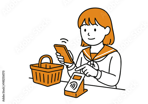 スマホ決済をする女子学生のイラスト