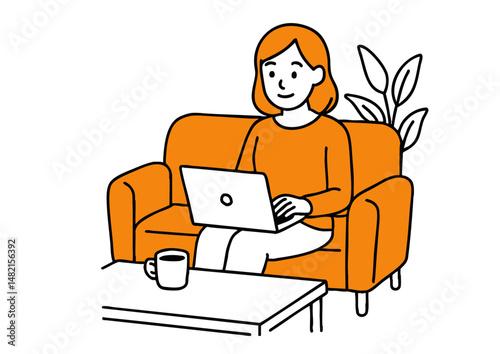 ソファでノートパソコン作業をする女性のイラスト（在宅ワーク・リモート勤務）