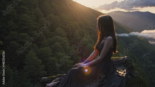 woman sits quietly at the edge of a forest cliff, her silhouette framed by the golden glow of the setting sun. She wears a flowing dark gown that pools around her, catching the light  