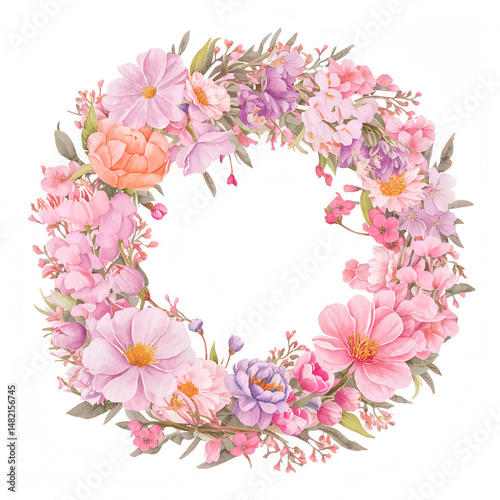 Delicate watercolor floral wreath of pink and purple blossoms in a circular arrangement on a white background, creating an elegant and romantic decoration.