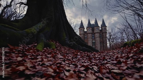 massive, ancient tree whose bark is warped and clawed by time. The camera tilts up, revealing the silhouette of a towering castle nestled into the jagged rock just beyond the tree’s reach.
