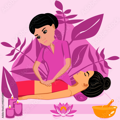 Abdominal massage. Therapy and treatment by professional therapist in SPA. Isolated flat vector illustration. Indian and Eastern ethnicity.