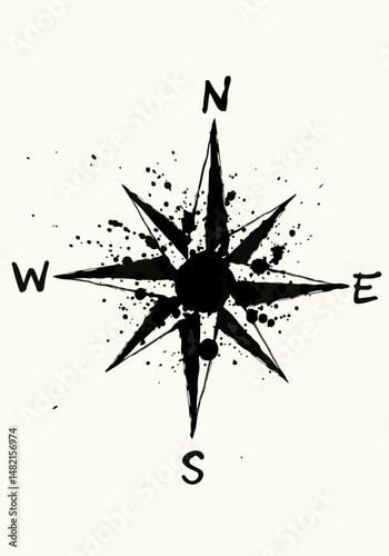 A unique black ink compass rose design with a splattered background, symbolizing navigation, exploration, and direction. Perfect for maps, symbols, or adventure-themed projects and artistic compositio