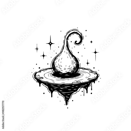 Surreal depiction of a celestial orb floating on a dripping platform, artistic